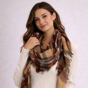 David & Young Plaid Blanket Scarf Oversized O/S Fringe Brown Tan Wrap